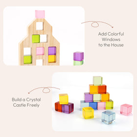 Woodtoe gem blocks stacked into a high rise with colorful windows