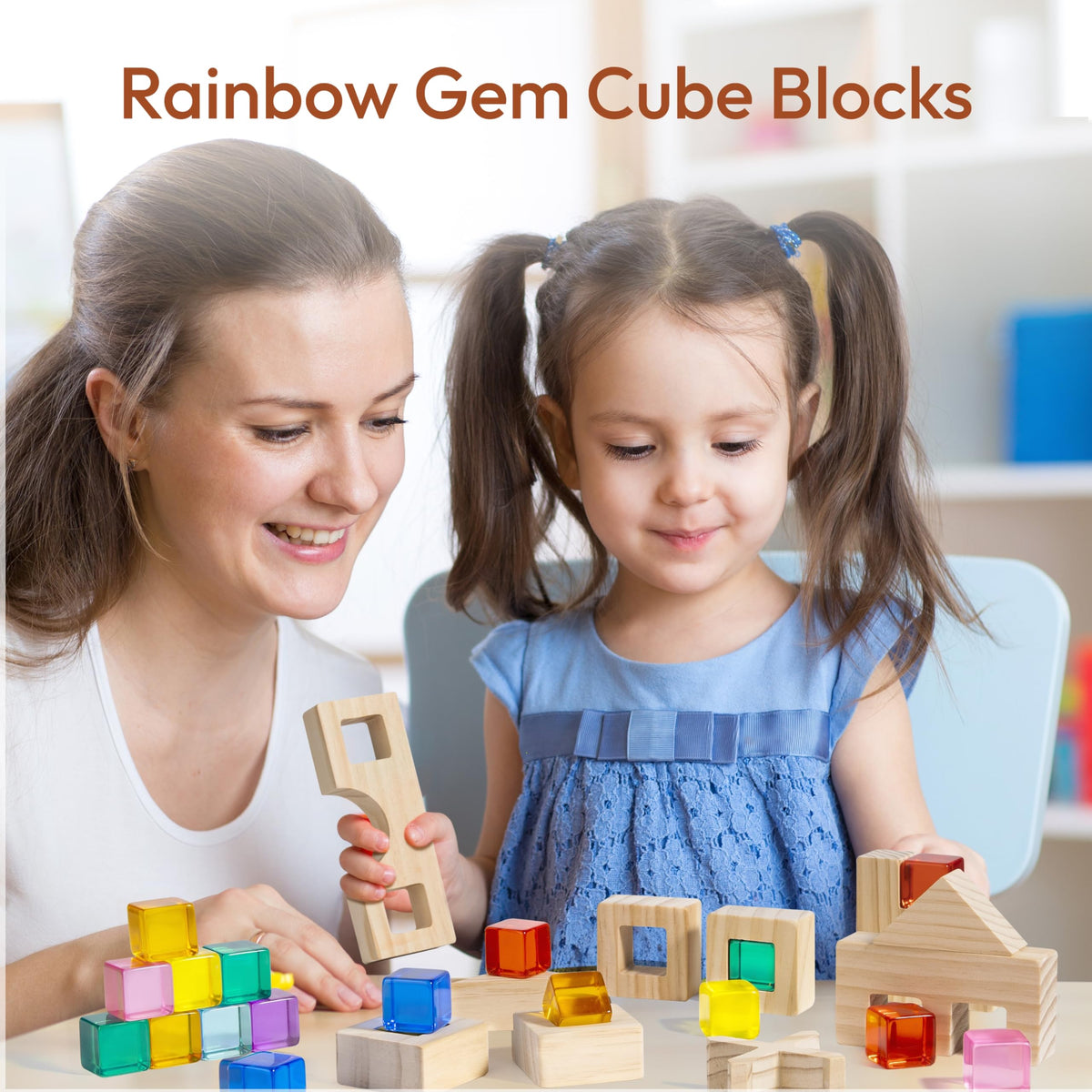 Woodtoe gem cubes in rainbow colors showing semi-transparent light refraction