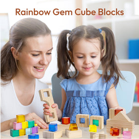 Woodtoe gem cubes in rainbow colors showing semi-transparent light refraction