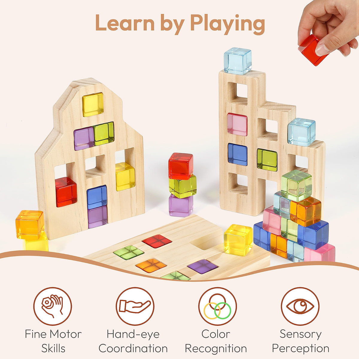 Woodtoe kids playing together with gemstone blocks and wooden frames