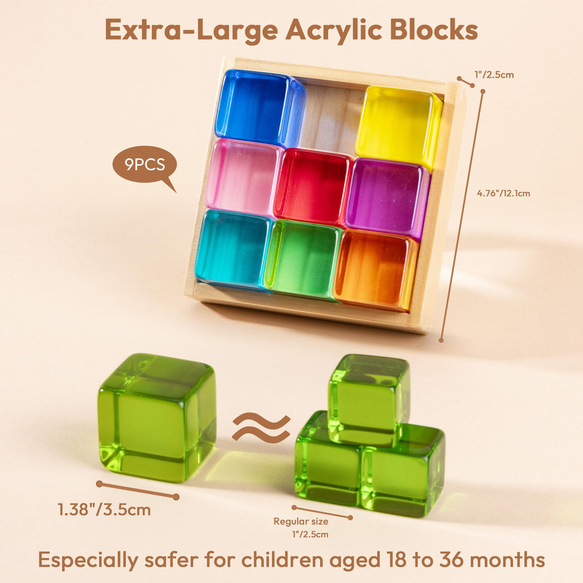 Woodtoe large 3.5 cm blocks glow translucently in sunlight