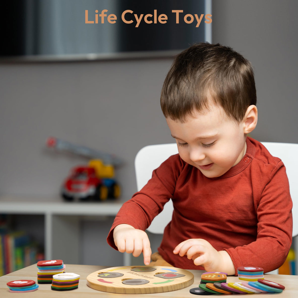 Woodtoe Montessori tray sorting promotes color recognition and dexterity during self-guided play.