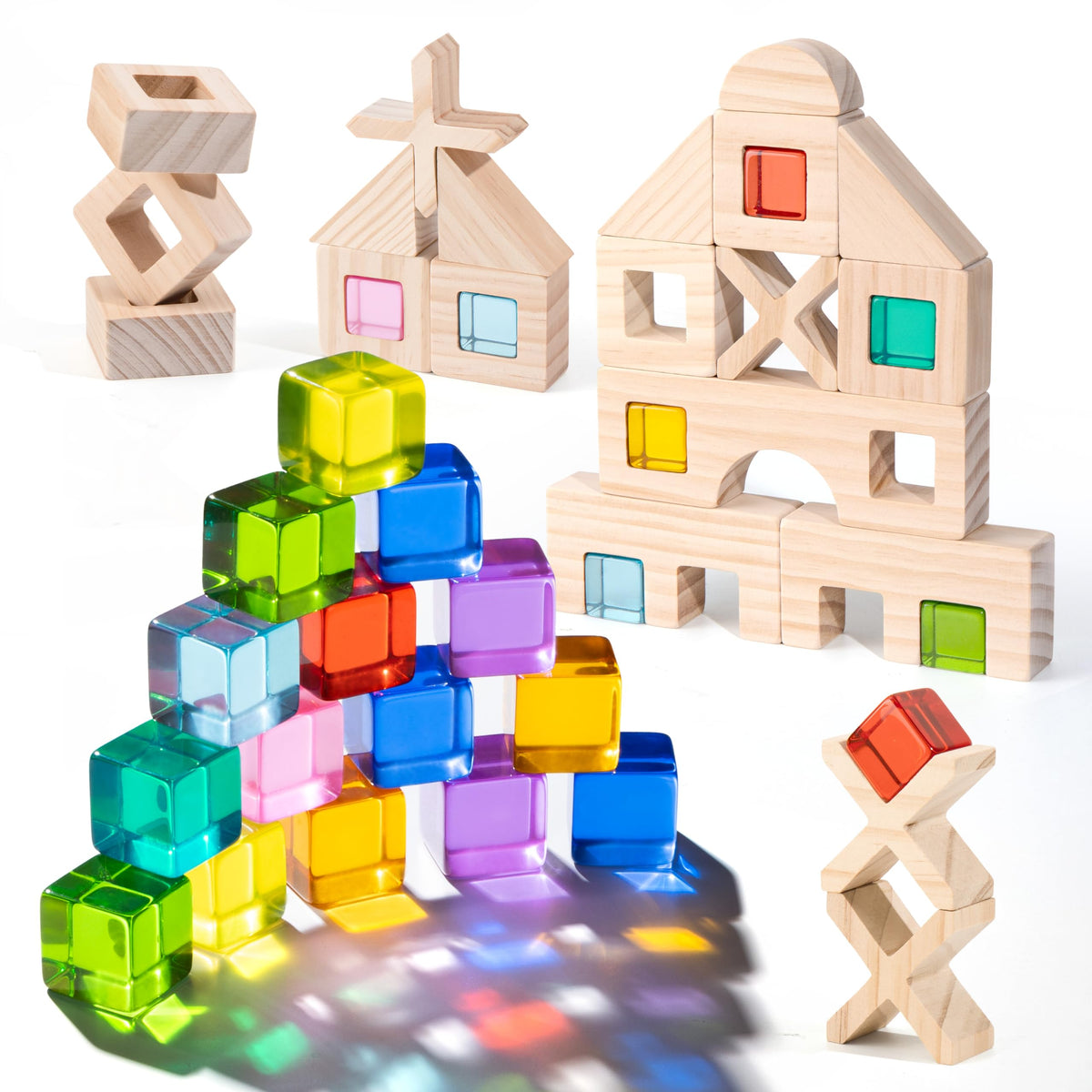 Woodtoe rainbow blocks with wooden base pieces for imaginative building play