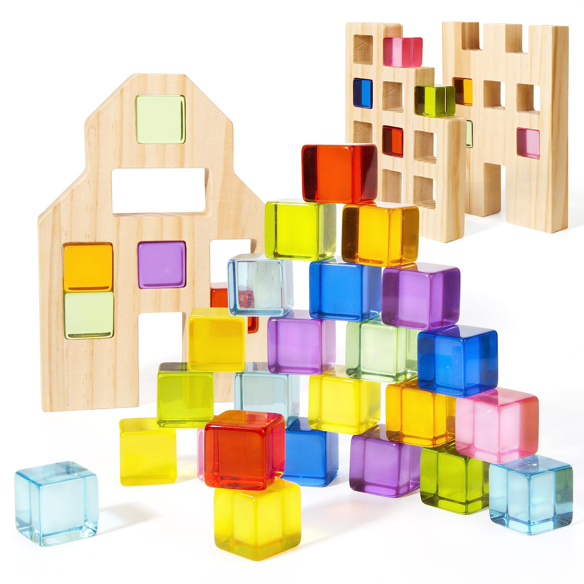 Woodtoe rainbow gem blocks closeup for color recognition and sensory play