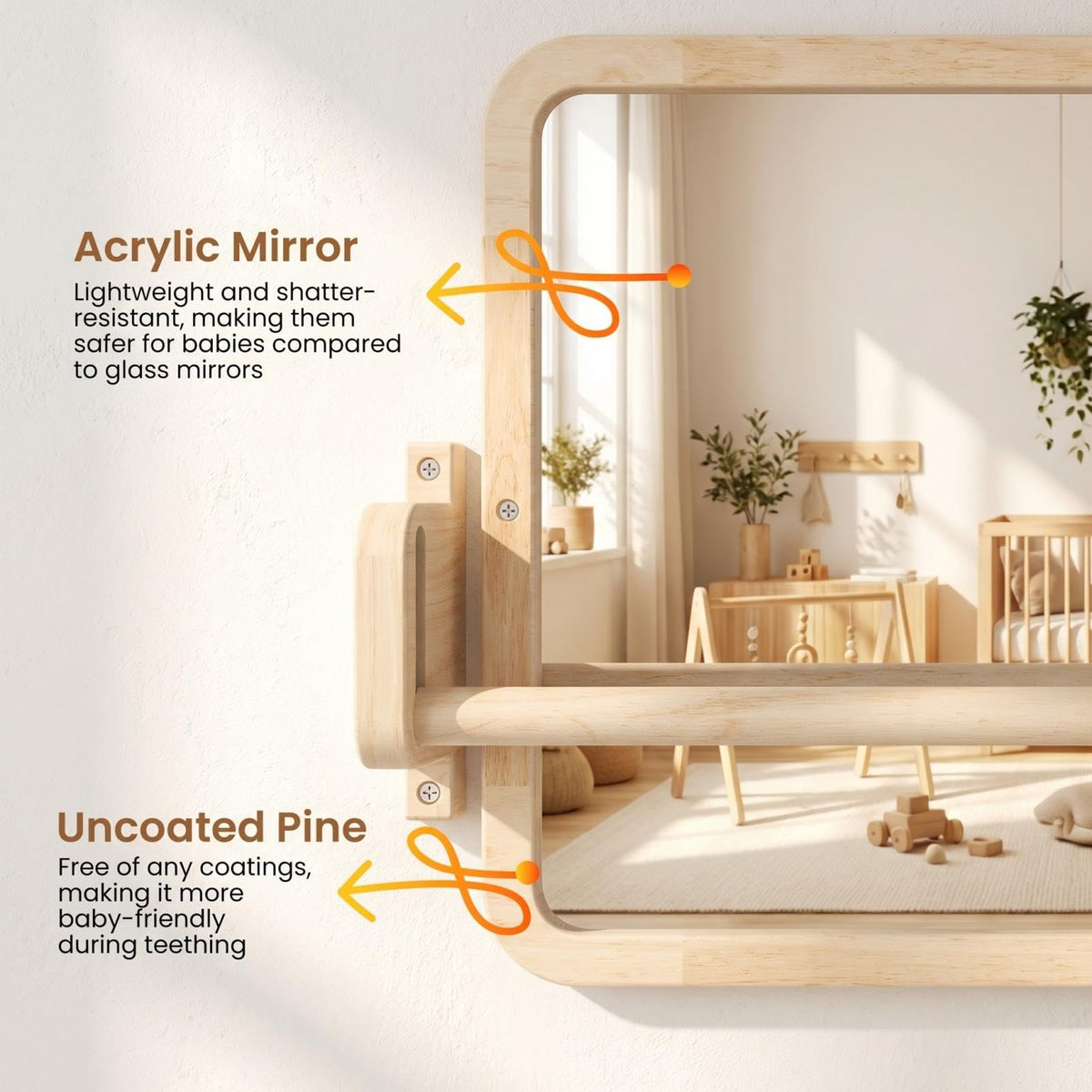Woodtoe shatterproof-mirror provides durable, clear reflections.