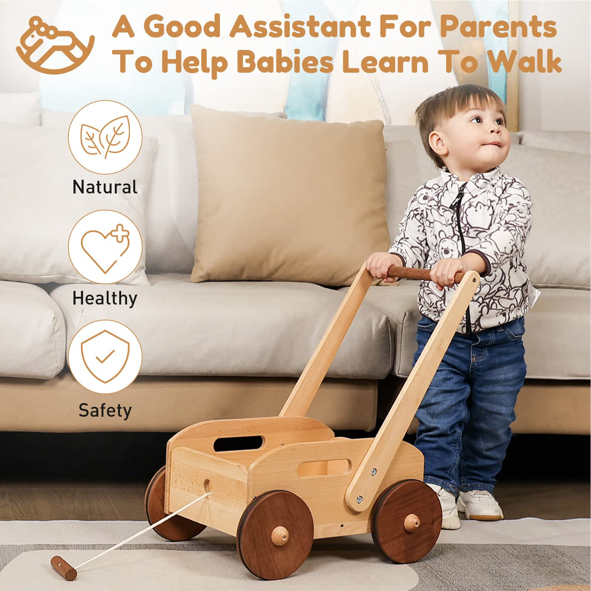 Woodtoe wooden baby walker showcases safe, nurturing support for early steps.