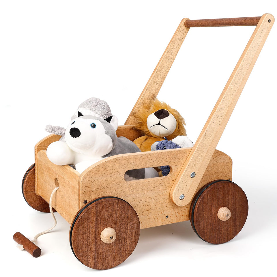 Woodtoe wooden baby walker demonstrates height adjustment, supporting growing toddlers' balance during early exploration.