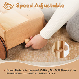 Woodtoe wooden baby walker shows two height settings for longer use.