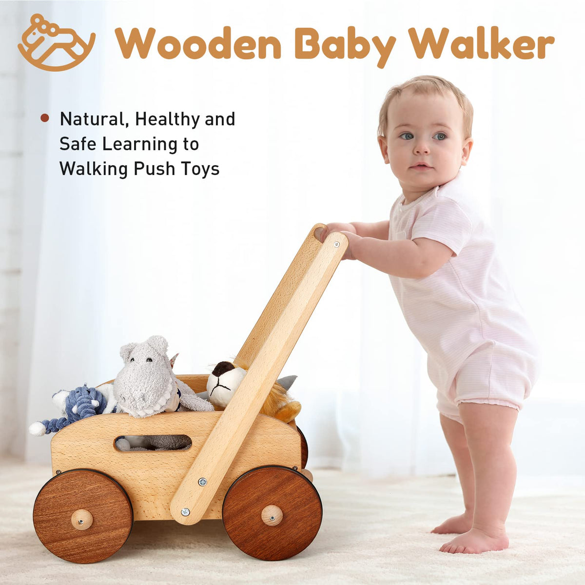 Woodtoe wooden baby walker with speed control helps parents manage pace safely.
