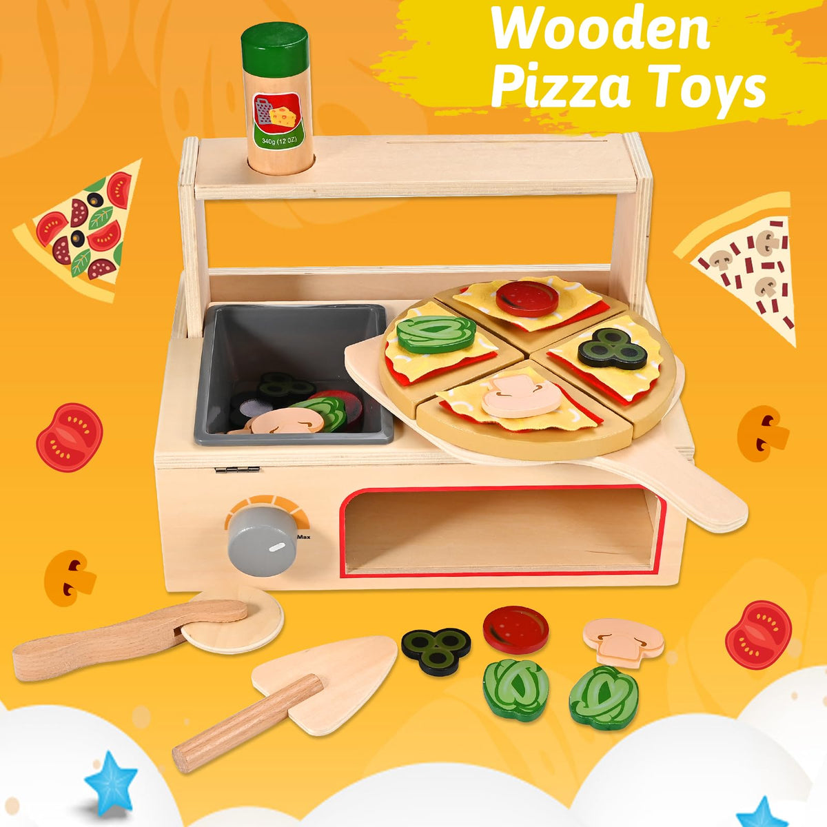 WoodTrove-detachable-pizza-slices enable customizable pretend pizzas for creative play.