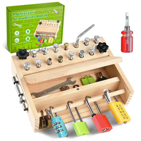 WoodTrove Montessori screwdriver board front view showcasing child-friendly learning design