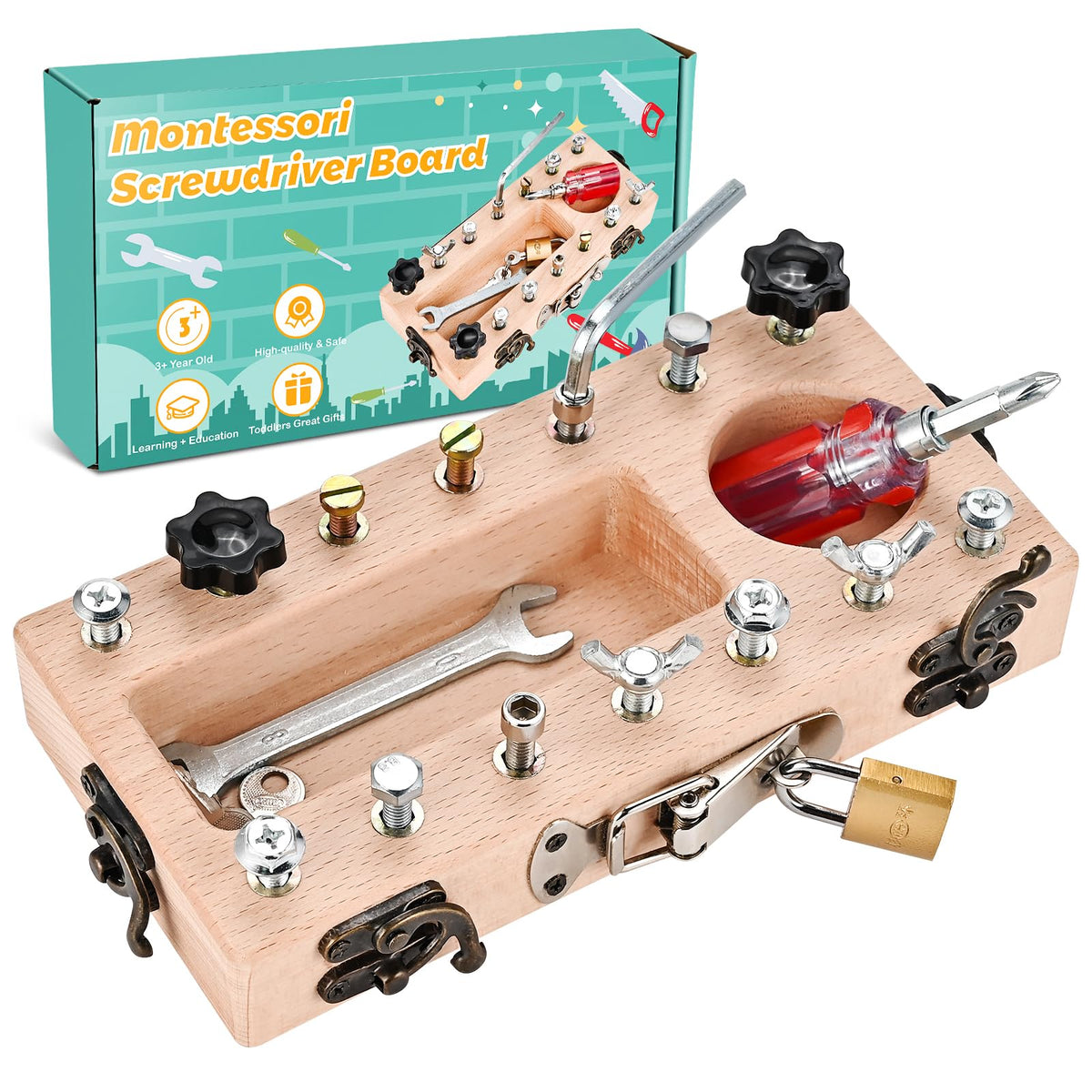 WoodTrove Montessori screwdriver board showing lock and keys for fine motor practice.