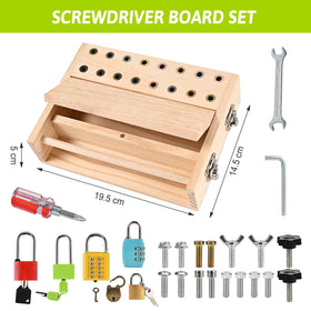 WoodTrove Montessori screwdriver board open reveals movable panels for exploration