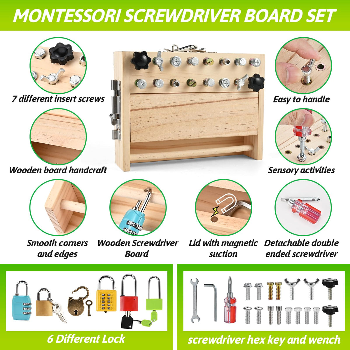 WoodTrove screwdriver board screws close-up highlighting varied hardware for fine motor practice