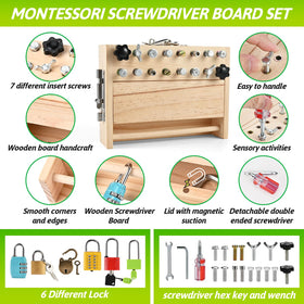 WoodTrove screwdriver board screws close-up highlighting varied hardware for fine motor practice