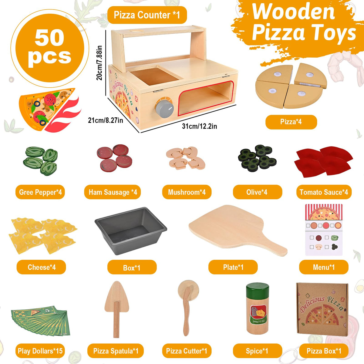 WoodTrove-pizza-counter-with-oven helps kids role-play a busy kitchen.