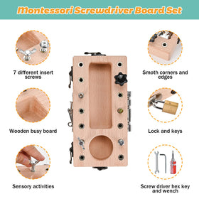 WoodTrove screwdriver board with screws and tools for hands-on learning.