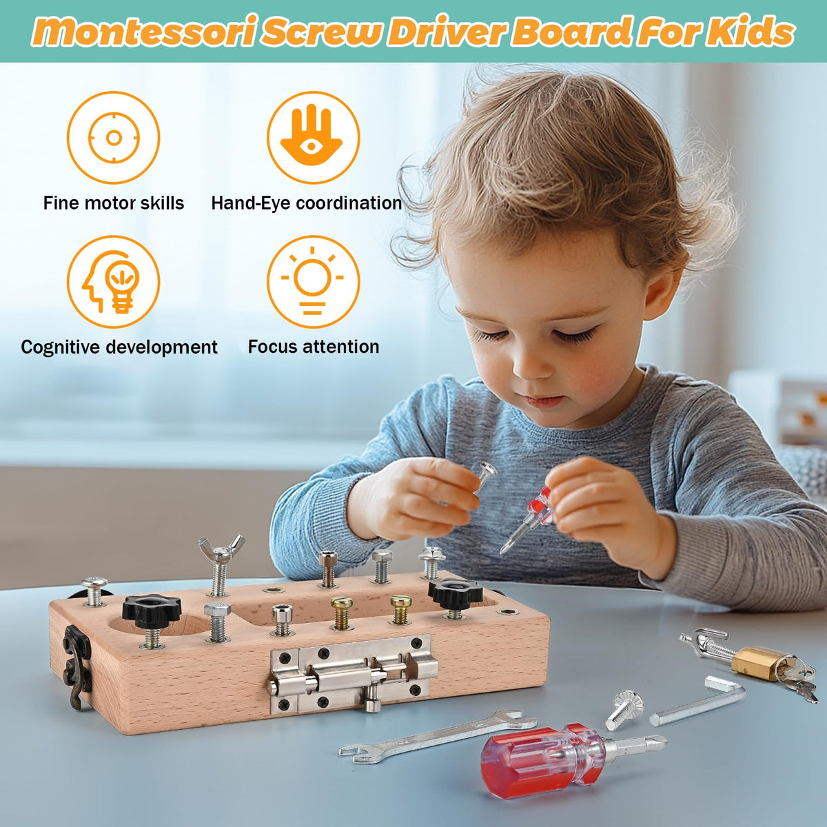WoodTrove screwdriver board with wrench and driver for real-life tasks.