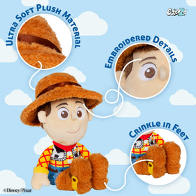 Woody plush checkered shirt pattern showcases classic Toy Story style.
