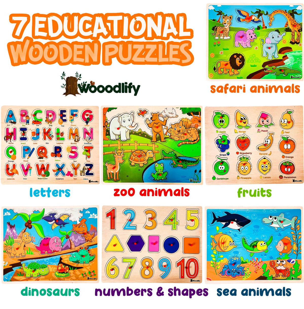 WOOODLIFY wooden puzzles shapes numbers aids shape recognition and counting skills.
