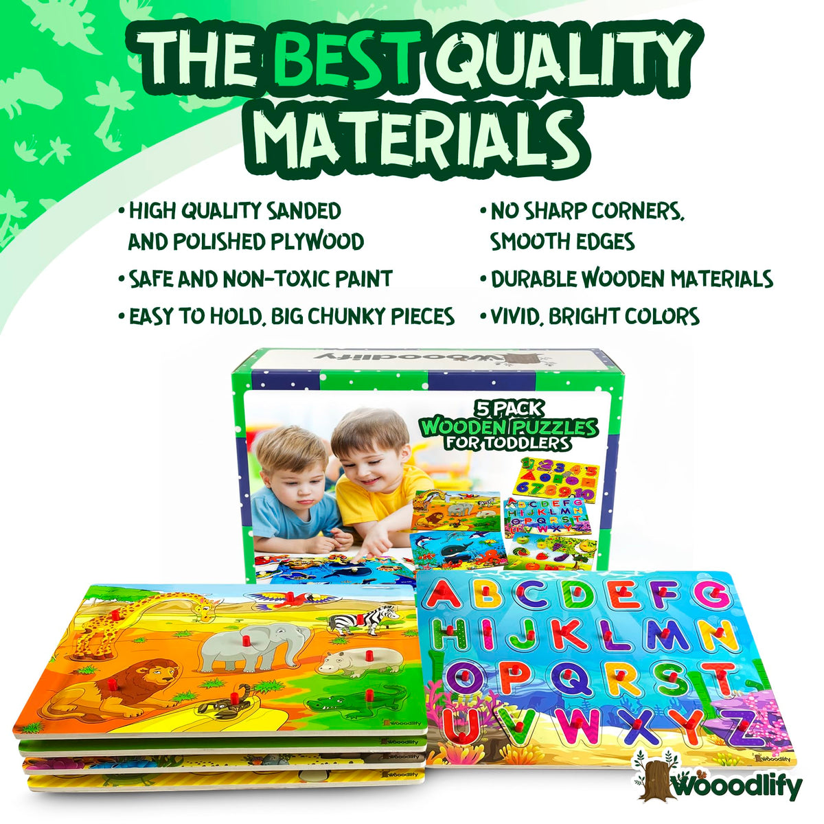 WOOODLIFY alphabet puzzle pegs support letters recognition and early literacy play.