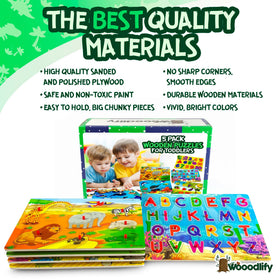 WOOODLIFY alphabet puzzle pegs support letters recognition and early literacy play.