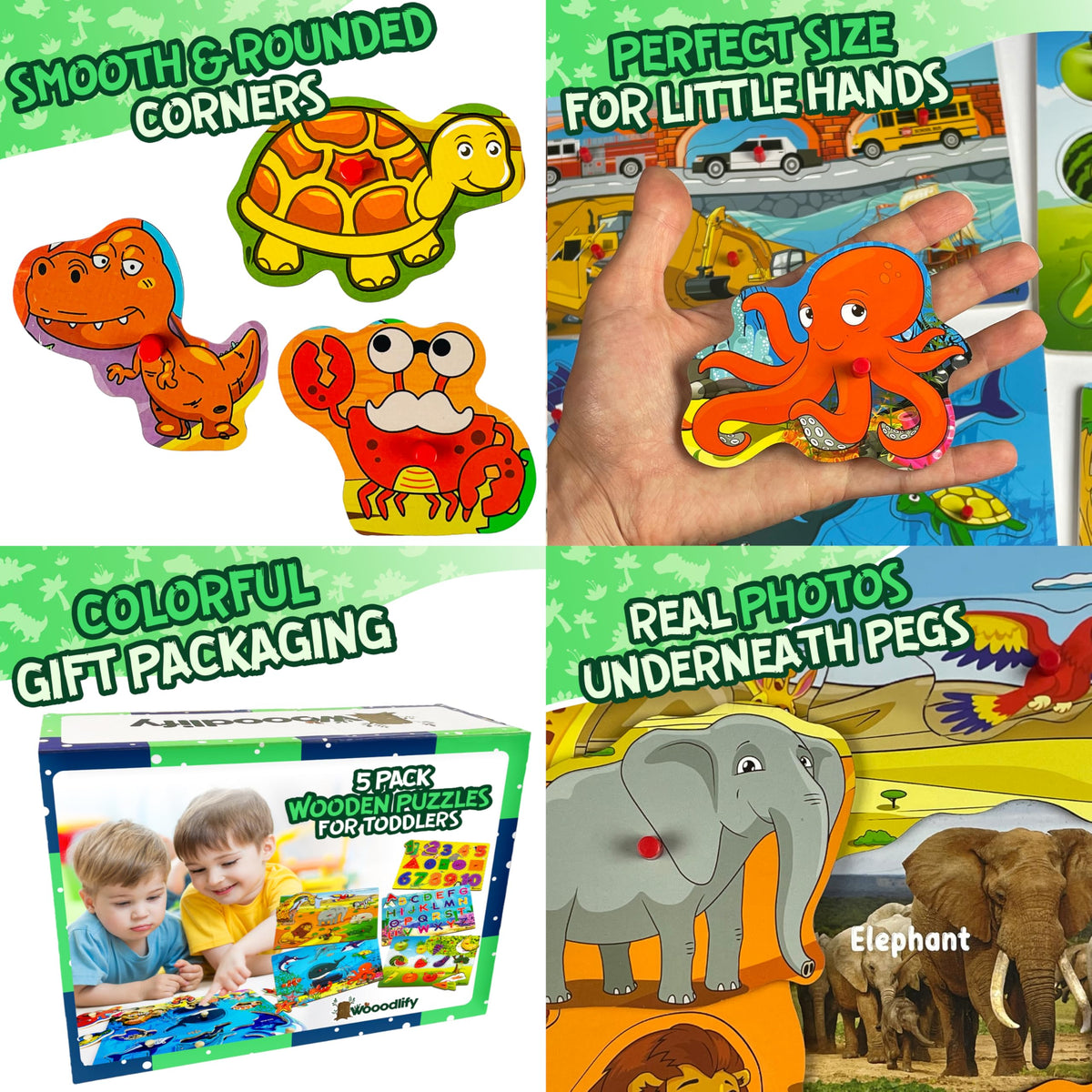 WOOODLIFY animal puzzle pegs spark curiosity through real-photo animal scenes.