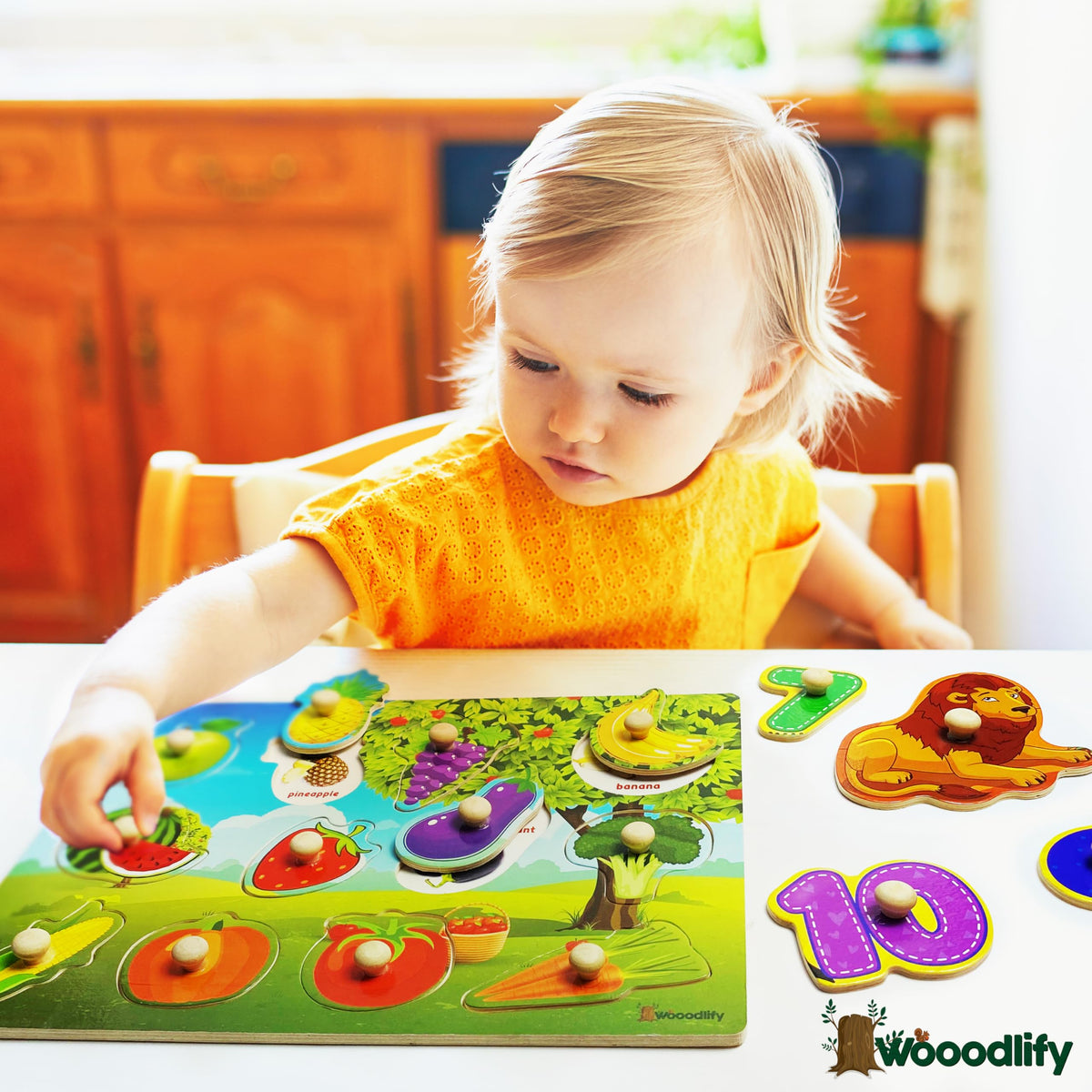 WOOODLIFY colorful wooden pegs provide durable, easy-grip design for tiny hands.