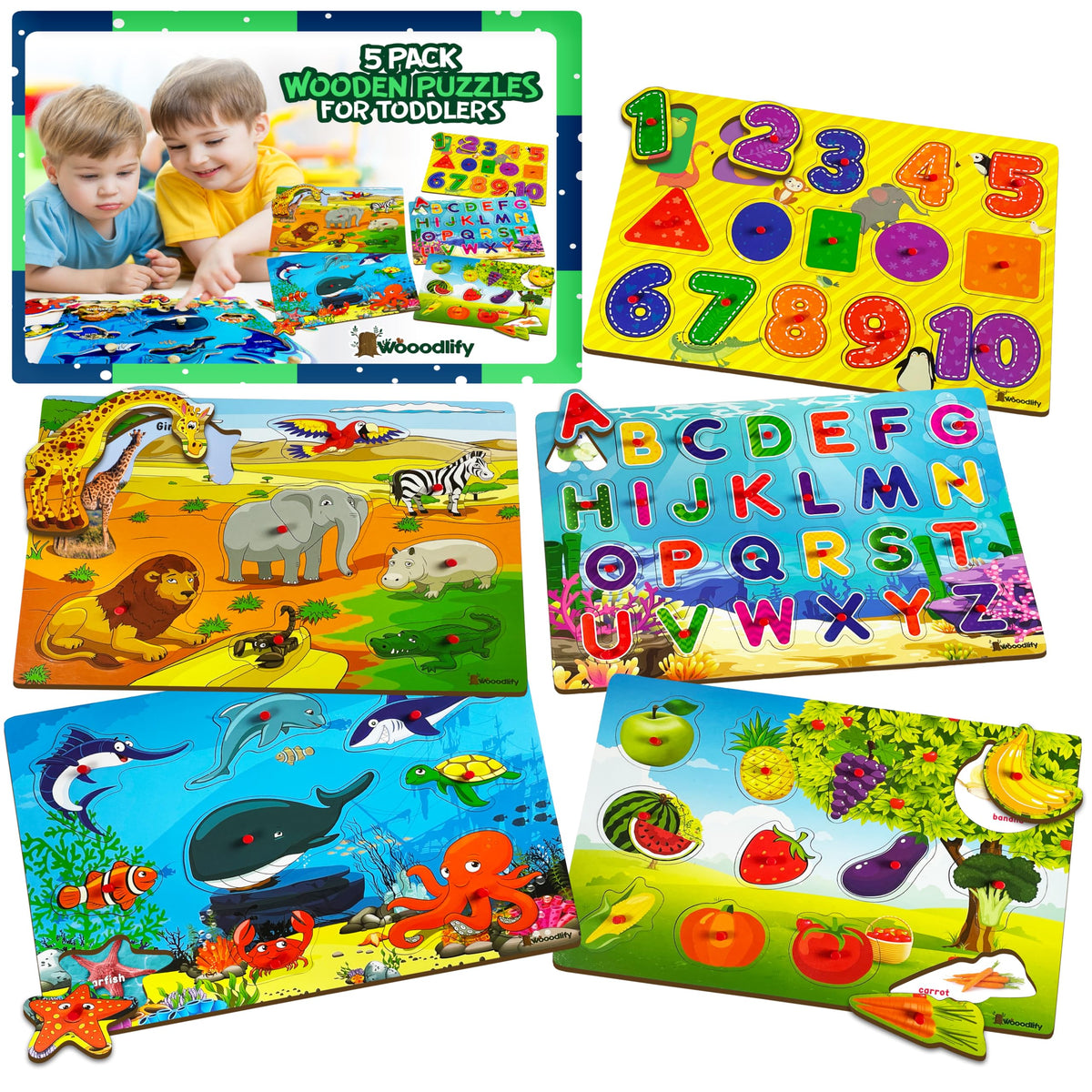 WOOODLIFY fruit puzzle pegs for toddlers boost color recognition and fine motor skills.