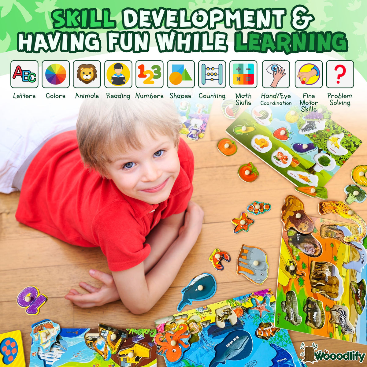WOOODLIFY shapes puzzle pegs help with shape matching and spatial awareness.