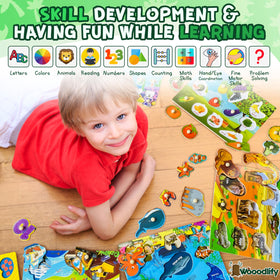 WOOODLIFY shapes puzzle pegs help with shape matching and spatial awareness.