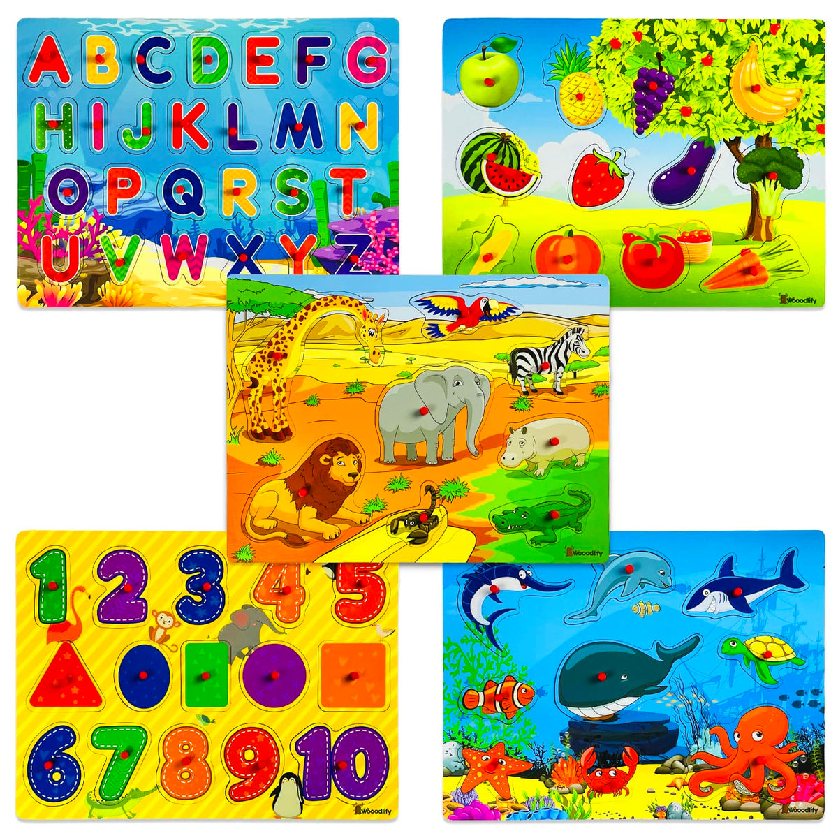 WOOODLIFY 5-pack wooden puzzles are a versatile learning activity for toddlers.