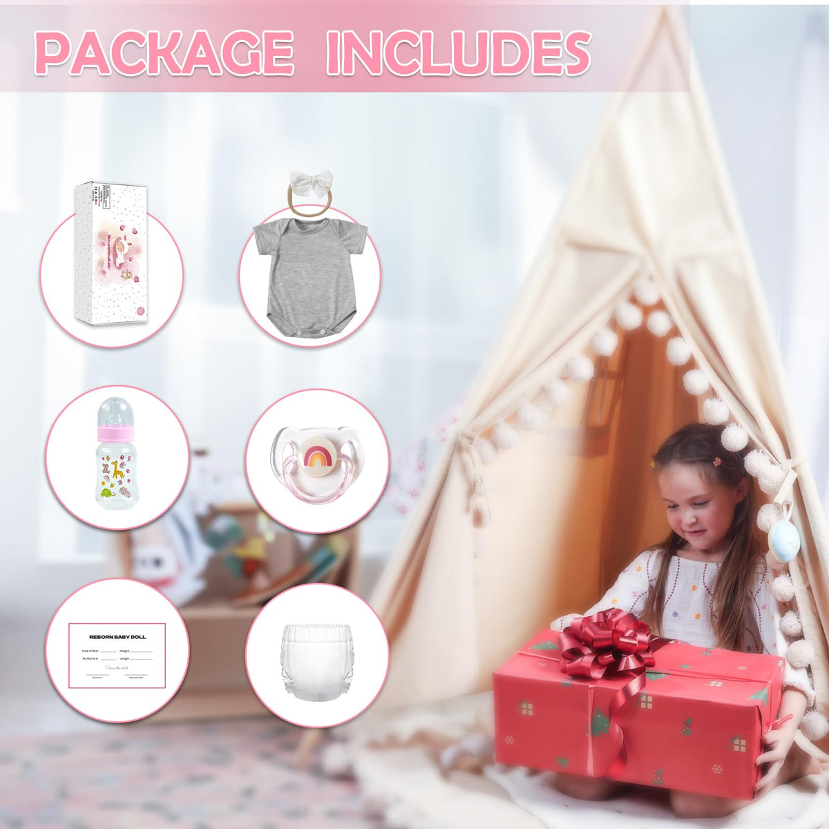 WOOROY gift-set includes pacifier, bottle, diaper, birth certificate, and box.