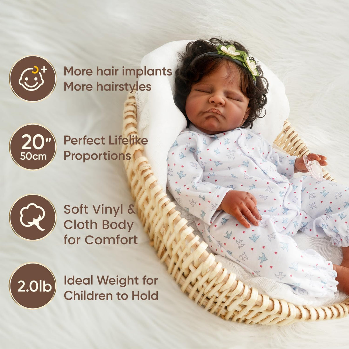 WOOROY 20-inch weighted cloth body supports lifelike posing and hugs.