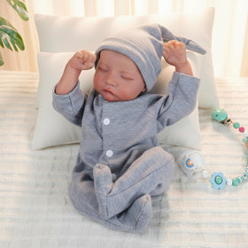WOOROY reborn baby sleeping face in gray outfit for cozy storytelling.