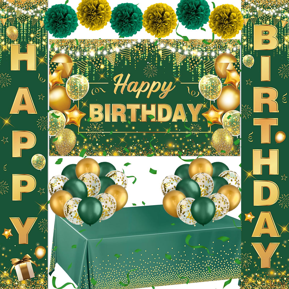 Woosytoo Happy Birthday banner in emerald green and gold adds instant celebration vibes.