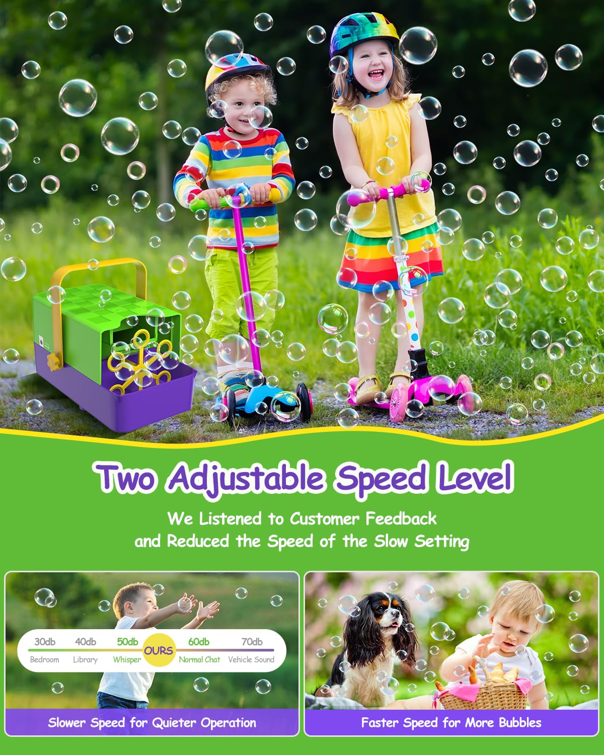 WOOYE Bubble Machine 3-in-1 large bubbles disc for showy visuals.