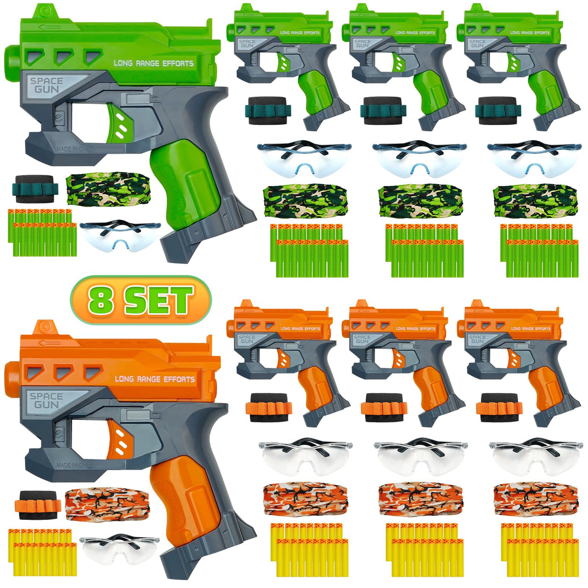 Wordot eight pack blaster guns in green and orange for team play