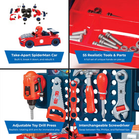 Young builder creates and modifies a Spider-Man car during pretend repair.