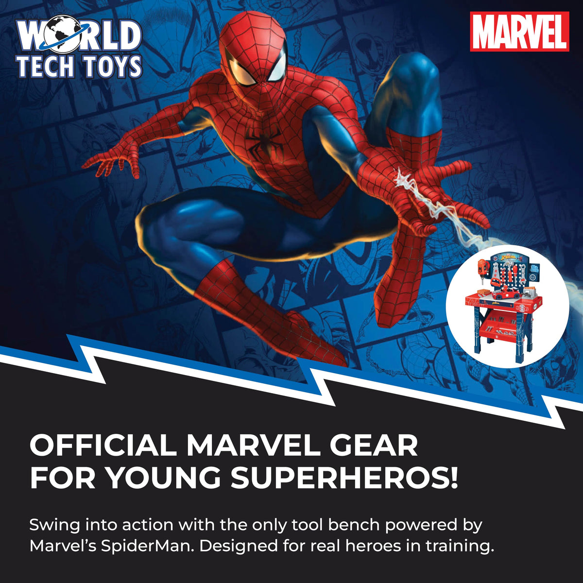 Spider-Man tool collection including drill press and vise boosts pretend construction.