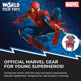Spider-Man tool collection including drill press and vise boosts pretend construction.