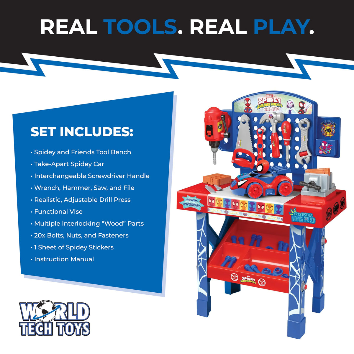 Spidey hammer-saw-screwdriver tools for safe pretend construction