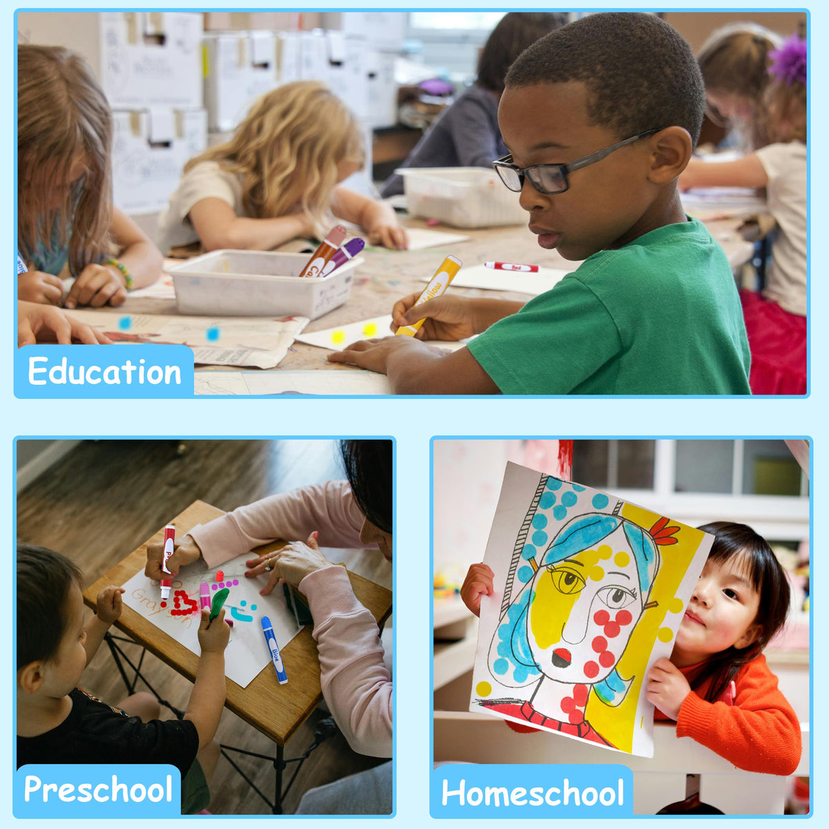 Woswel dot markers washable feature—washable inks clean hands and fabrics.