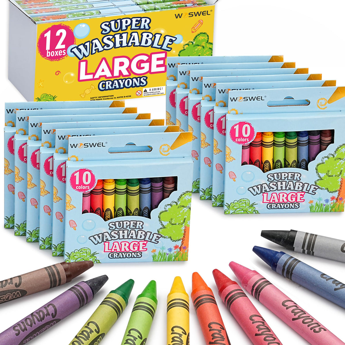 WOSWEL jumbo crayons pack offers vibrant colors for kids drawing and easy grip.