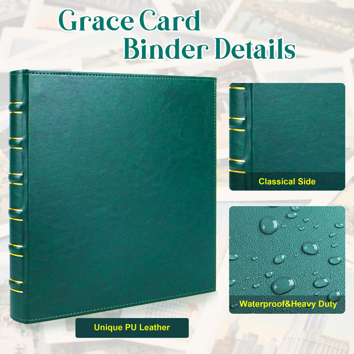 WOT I vintage leather card binder spine features gold accents and classic book-like appeal.