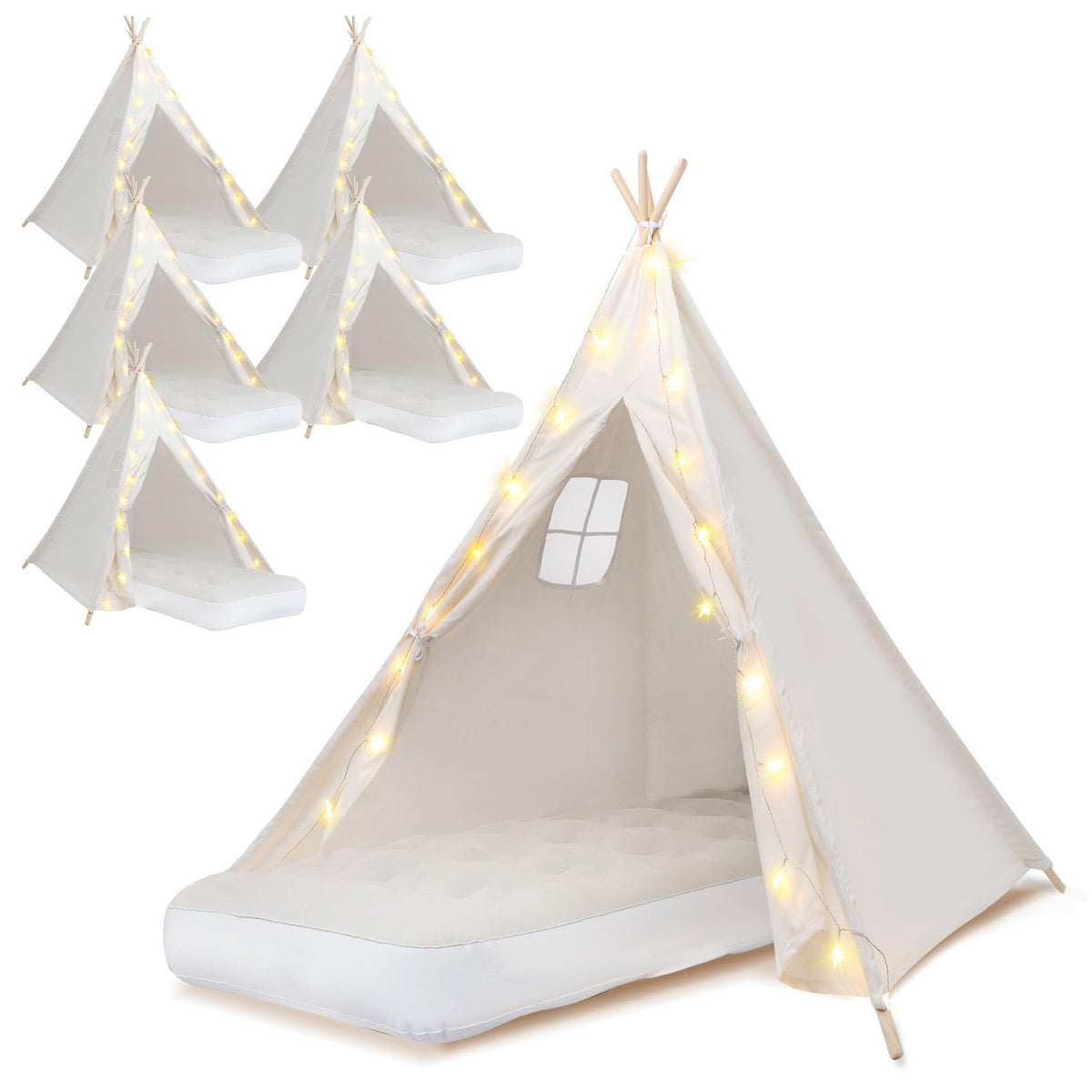 WOUDY 6-pack teepee tents with light string and airbed for cozy kids' sleepovers.
