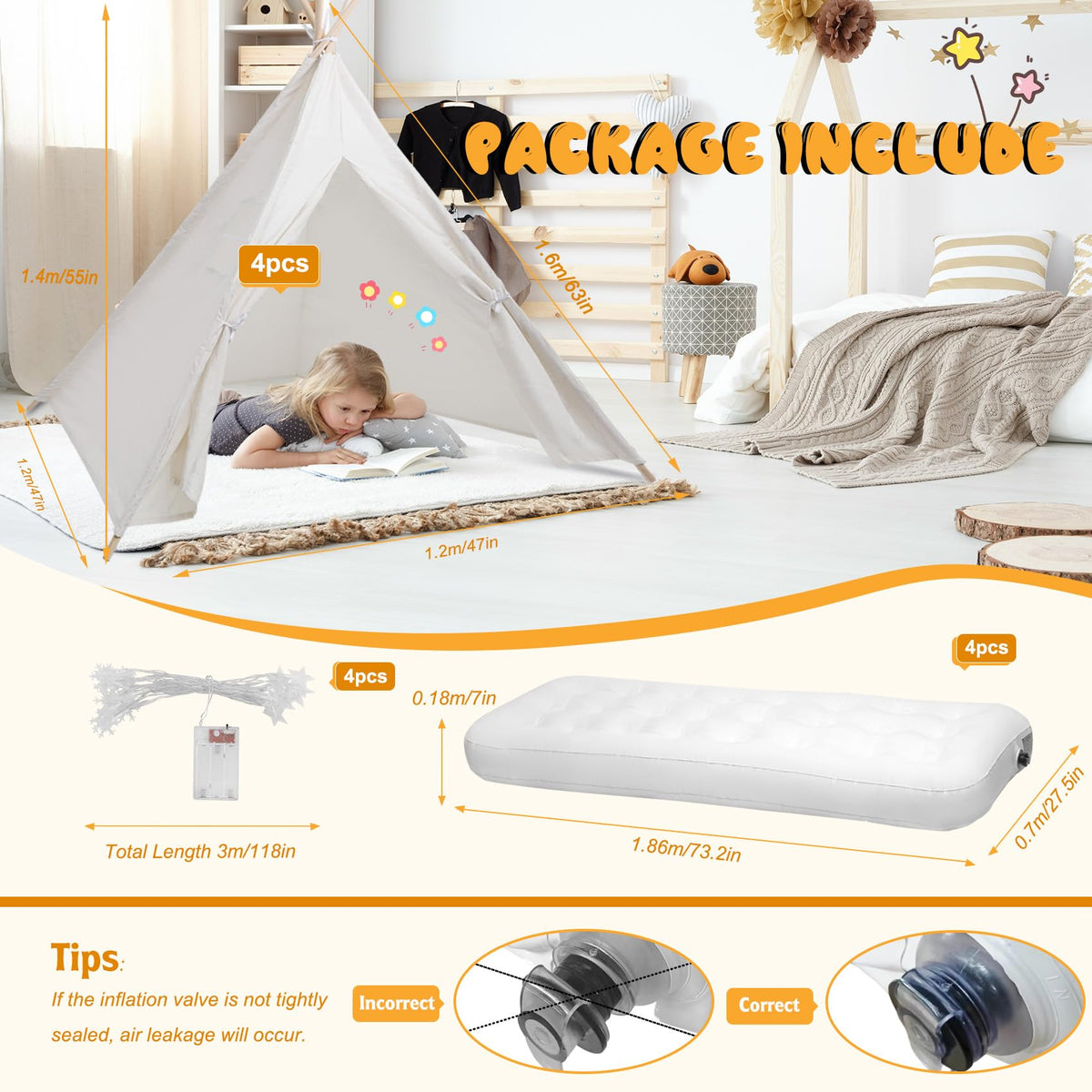 WOUDY teepee tents with light string at night for cozy ambience