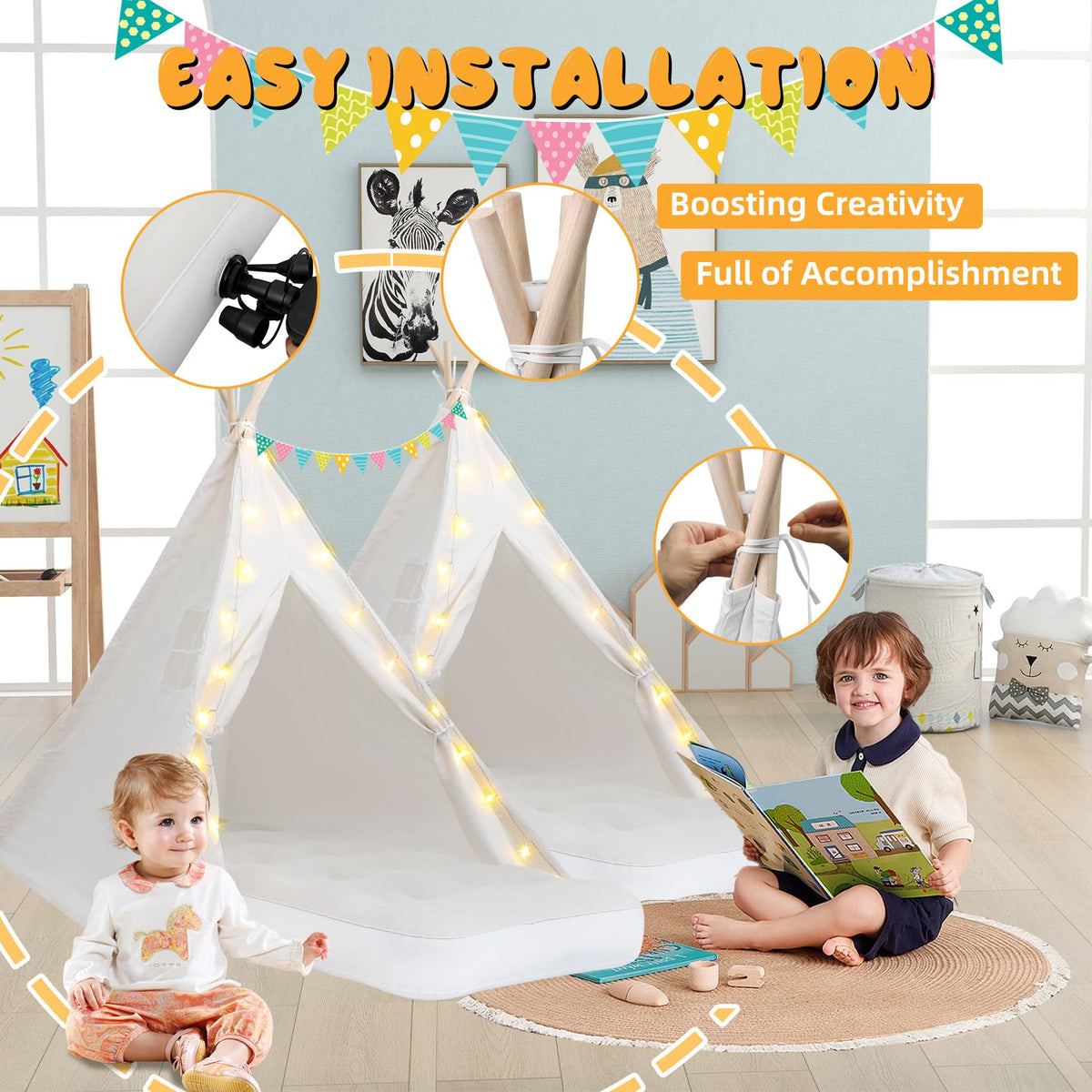 WOUDY light string adds warm ambience to bedtime play.