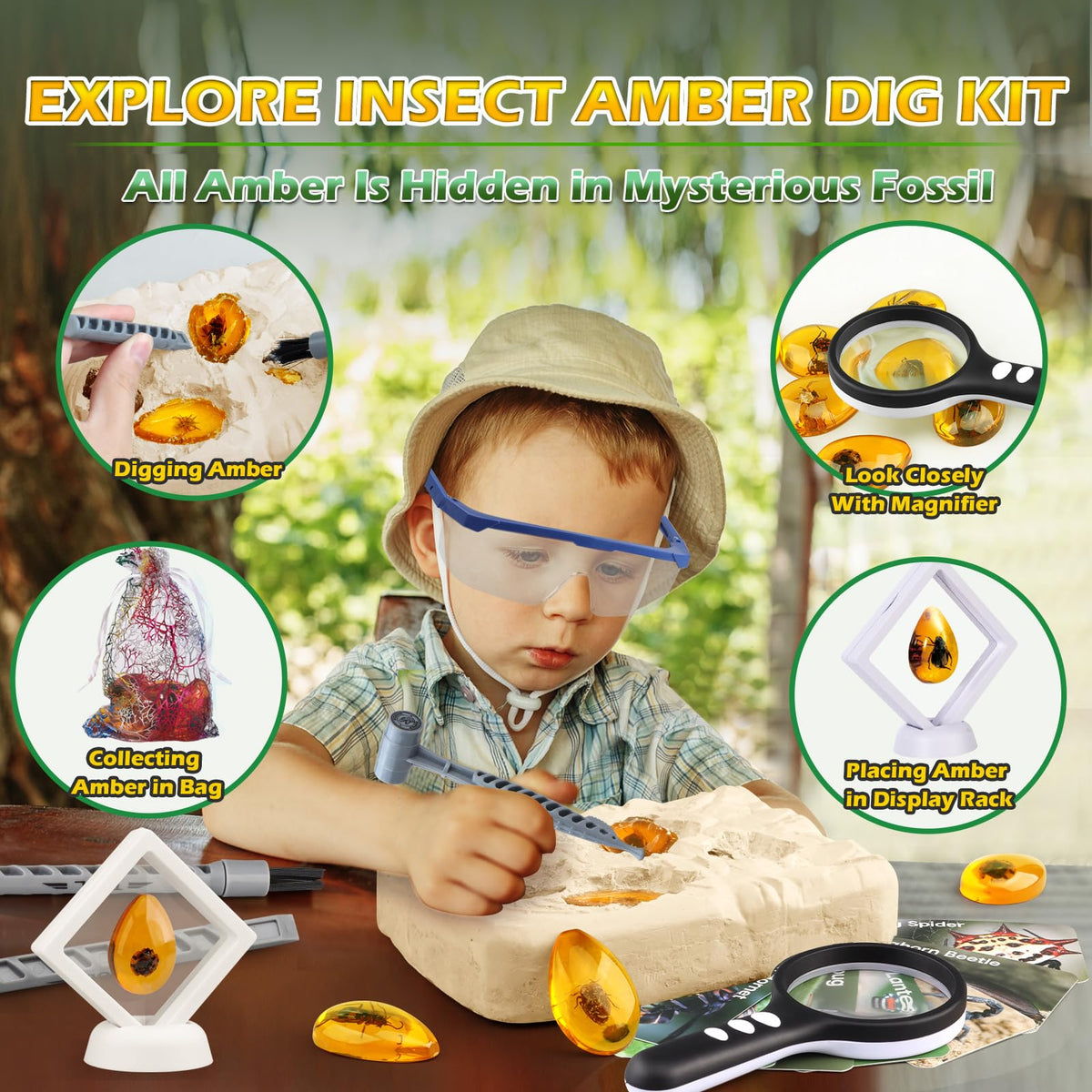 Woumserta child excavating amber with chisel and safety glasses.