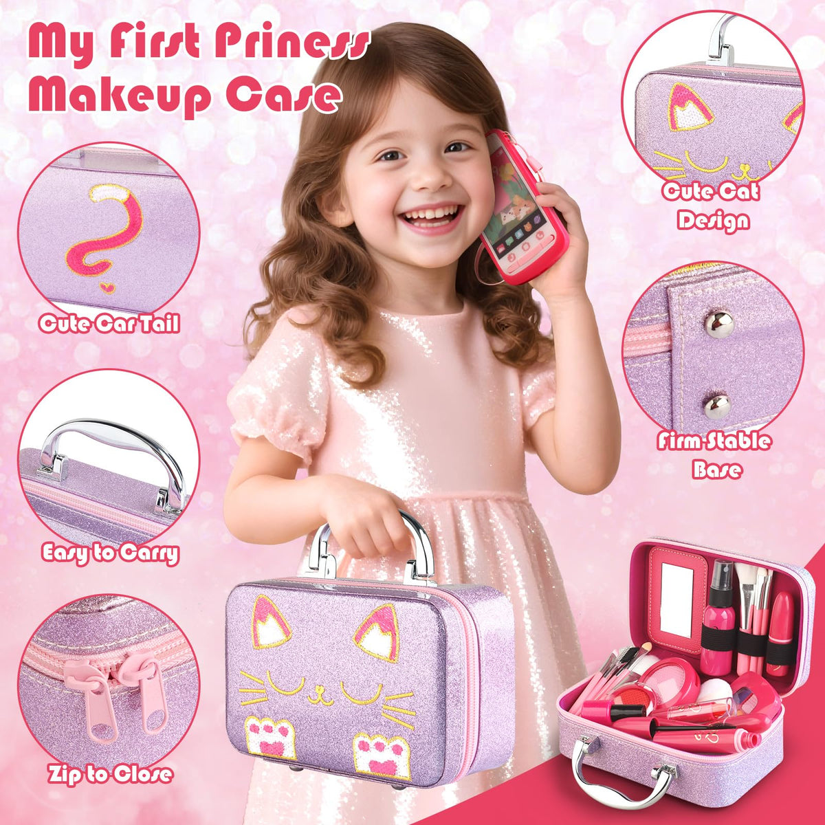 Woumserta red-pattern cosmetic bag for portable pretend play.